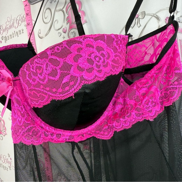 B delicious mini dress Sheer Black Chemise with Pink Lace Trim Elegant Nightwear - Picture 6 of 15